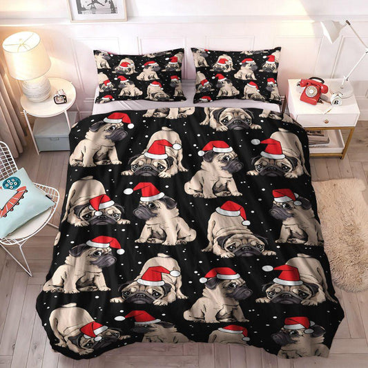 Christmas King Size Bedding Set, Christmas Decoration Cozy Bedding Set, Pug Soft Duvet Cover Set, Pug Christmas Bedding Set, Gifts for Christmas