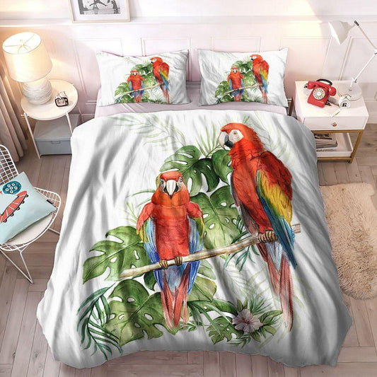 Flower Queen Size Bedding Set, Flower Bouquet Soft Duvet Cover Set, Tropical Flower Parrot Bedding Set, Gifts for Flower