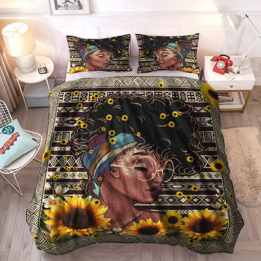 Black Lives Matter Soft Duvet Cover Set, Black Women Queen Size Bedding Set, Black Woman Sunflower Bedding Set, Gifts for Sunflower