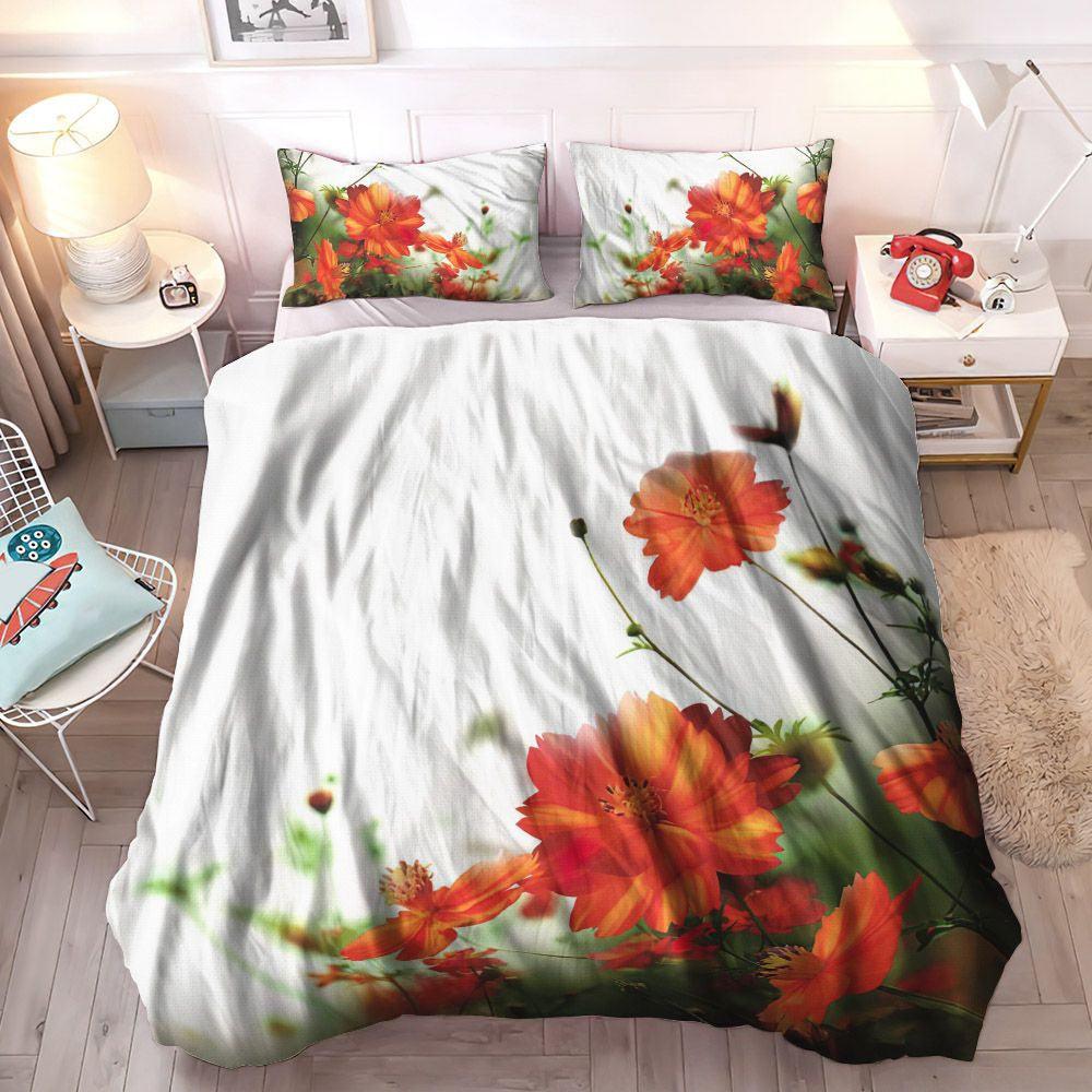 Autumn Leaves Bedding Set, Orange Soft Duvet Cover Set, Orange Floral And Green Leaves Bedding Set, Gifts for Green