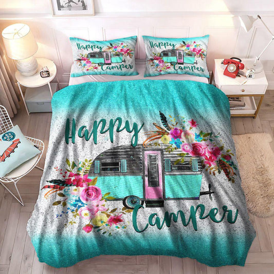 Go Camping Soft Duvet Cover Set, Flower Garden King Size Bedding Set, Happy Camper Flowers Bedding Set, Gifts for Camper
