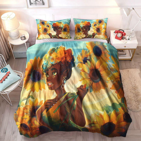Personalized 3-piece Duvet Cover Bedding Set Black Queen Queen Size Bedding Set, Helianthus Bedding Set, Black Girl Sunflower Bedding Set, Gifts for Sunflower