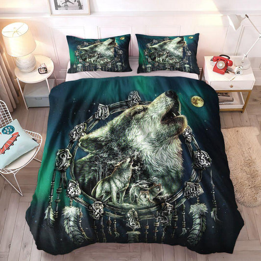 Halloween Gift Soft Duvet Cover Set, Dreamcatcher Cozy Bedding Set, Wolf Howl Dreamcatcher Bedding Set, Gifts for Wolf