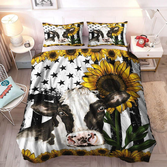 Milk Cow Soft Duvet Cover Set, Cow King Size Bedding Set, Helianthus Queen Size Bedding Set, Sunflower Cow Bedding Set, Gifts for Cow
