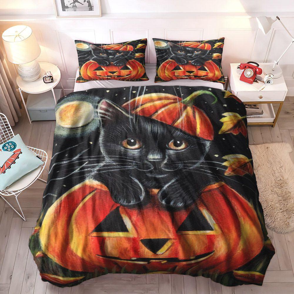 Black Cat Soft Duvet Cover Set, Thanksgiving Pumpkin Cozy Bedding Set, Black Cat Pumpkin Halloween Bedding Set, Gifts for Halloween