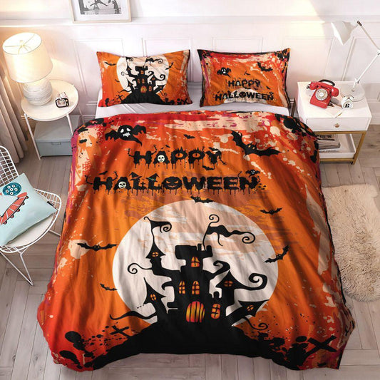 Wooden Castle Soft Duvet Cover Set, Halloween Pumpkin King Size Bedding Set, Halloween Castle Ghost Bedding Set, Gifts for Castle