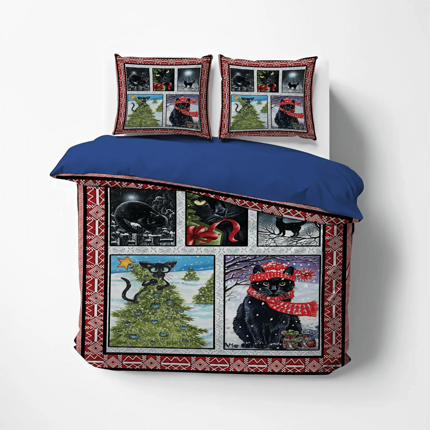 Happy Black Cat Soft Duvet Cover Set, Black Cat Foals Queen Size Bedding Set, Black Cat Merry Christmas Bedding Set, Gifts for Black Cat