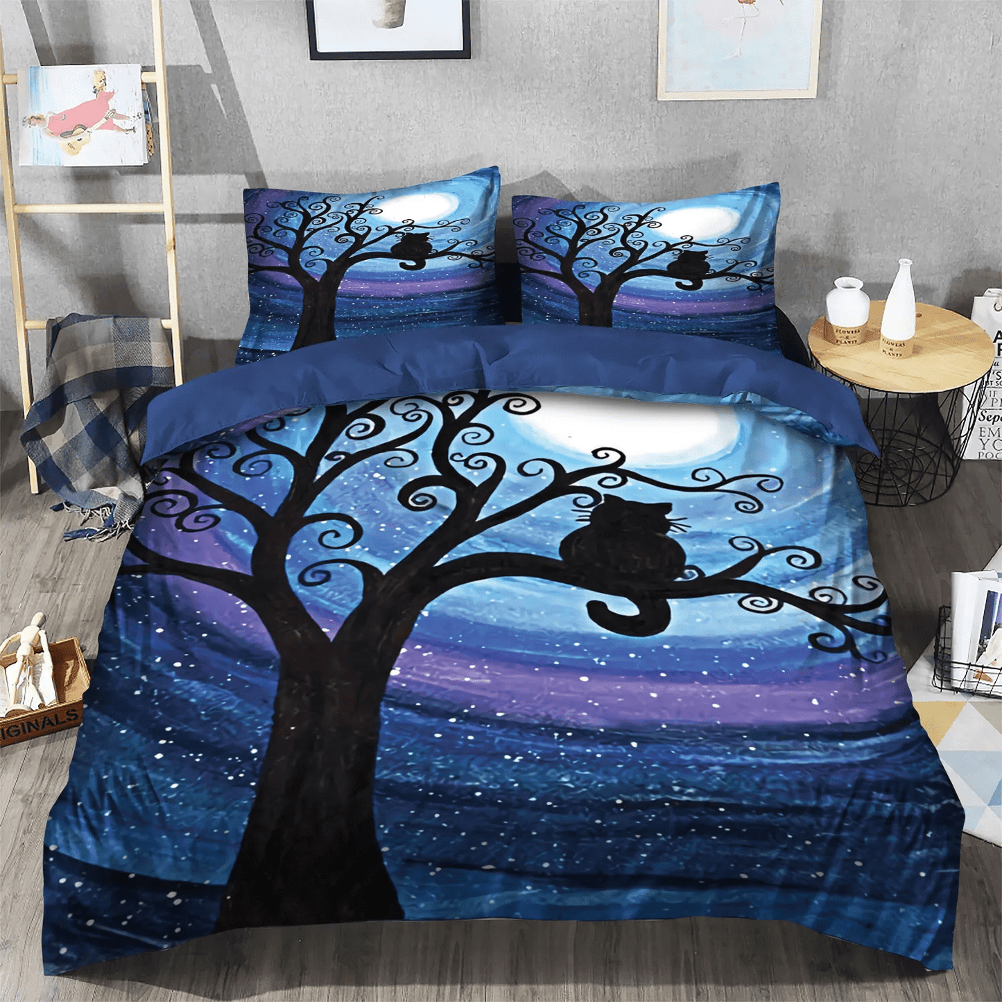 Personalized 3-piece Duvet Cover Bedding Set Halloween Black Cat Spiral Queen Size Bedding Set, Black Cat Foals King Size Bedding Set, Black Cat Lonely Bedding Set, Gifts for Black Cat
