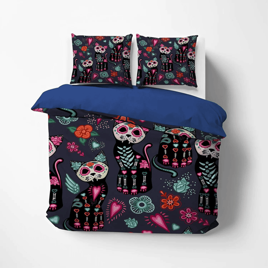 Cat Tracks King Size Bedding Set, Sugar Skull Soft Duvet Cover Set, Cat Paw Bedding set, Cat Sugar Skull Bedding Set, Gifts for Cat