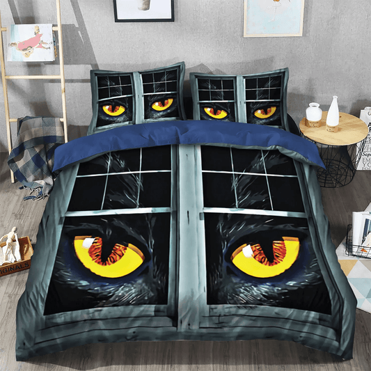 Halloween Black Cat Spiral King Size Bedding Set, Black Cat Soft Duvet Cover Set, Black Cat Eyes Bedding Set, Gifts for Black Cat