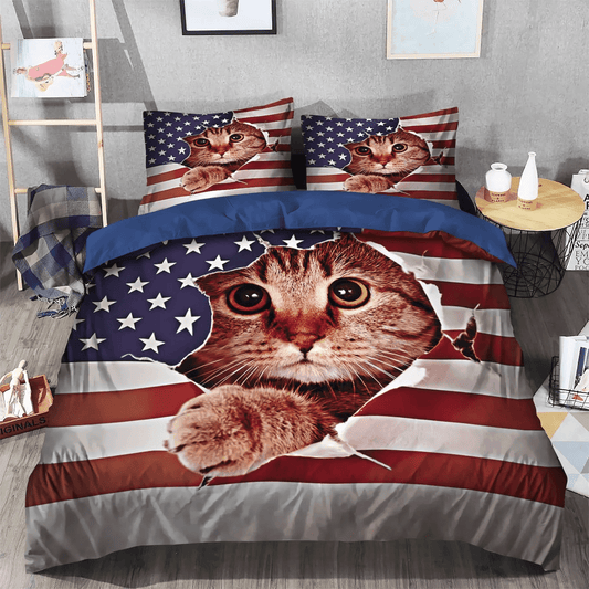 Cat Queen Size Bedding Set, Cat Tracks Soft Duvet Cover Set, American King Size Bedding Set, Cat Flag American Bedding Set, Gifts for Cat