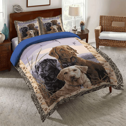 Cute Sleeping Chibi Dog King Size Bedding Set, Doggo Soft Duvet Cover Set, Three Labrador Dogs Bedding Set, Gifts for Labrador