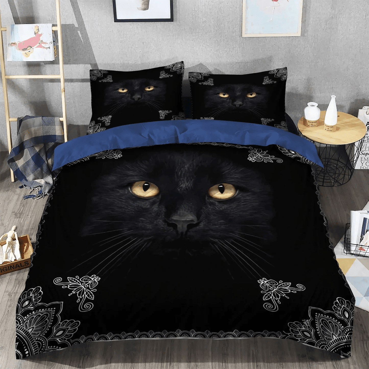Personalized 3-piece Duvet Cover Bedding Set  Halloween Black Cat Spiral King Size Bedding Set, Danger Diabolik Eyes Bedding set, Black Cat Yellow Eyes NTNA Bedding Set, Gifts for Eyes