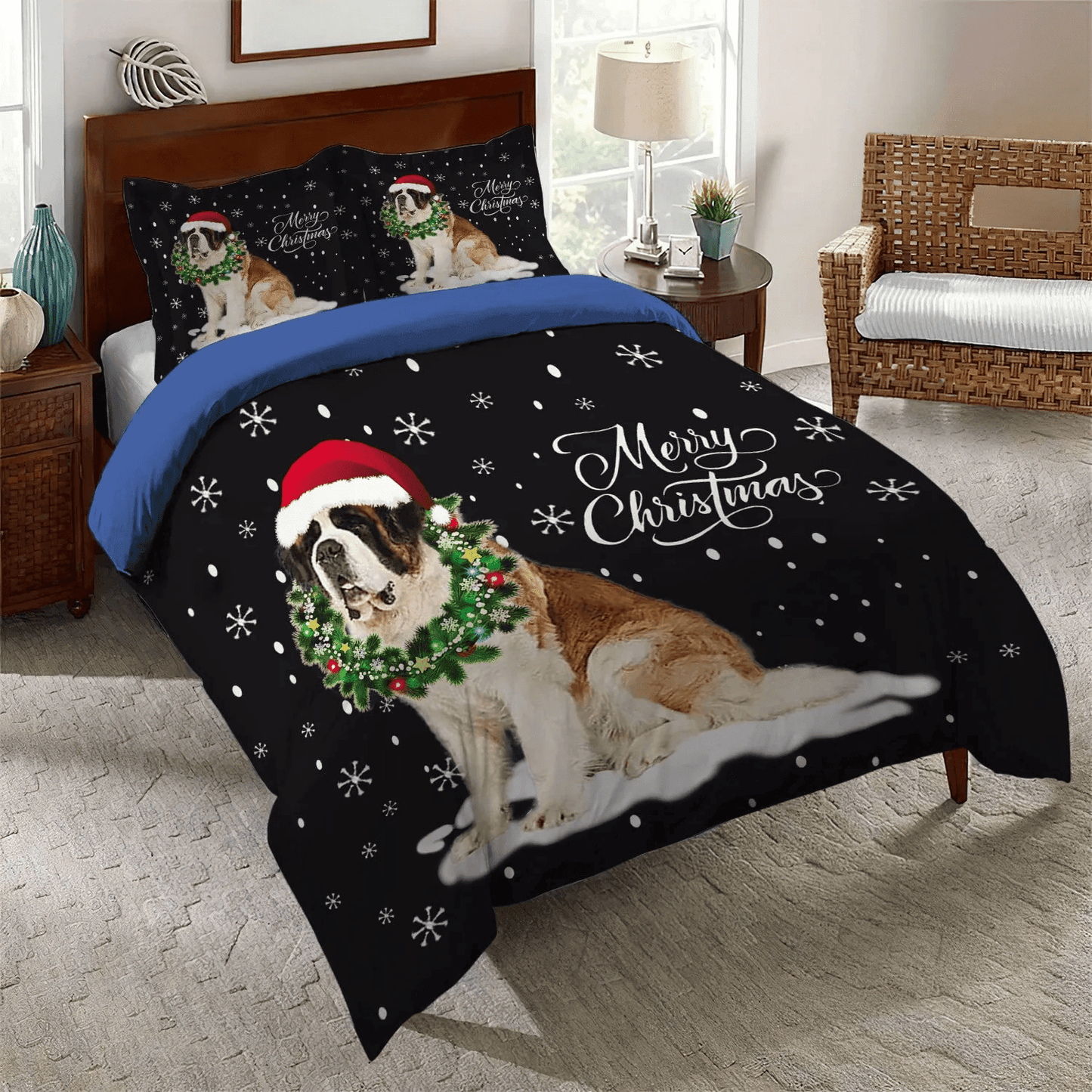 St Bernard King Size Bedding Set, Christmas Soft Duvet Cover Set, St. Bernard Dog Wreath Necklace Christmas Bedding Set, Gifts for Dog
