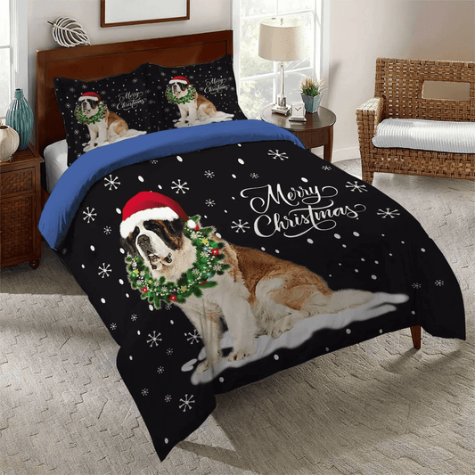 St Bernard King Size Bedding Set, Christmas Soft Duvet Cover Set, St. Bernard Dog Wreath Necklace Christmas Bedding Set, Gifts for Dog