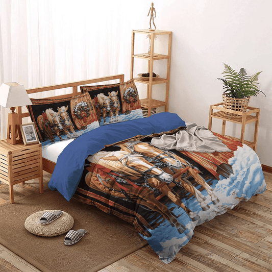 Personalized 3-piece Duvet Cover Bedding Set  Merry Christmas Quotes Queen Size Bedding Set, Colorful Horse Bedding set, Christmas Horse Bedding Set, Gifts for Horse