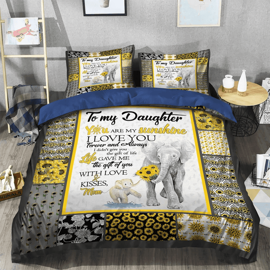 Personalized 3-piece Duvet Cover Bedding Set  Sunflower Lover Bedding set, African Elephant Silhouette(s) King Size Bedding Set, Elephant Sunflower Mom To Daughter Bedding Set, Gifts for Sunflower