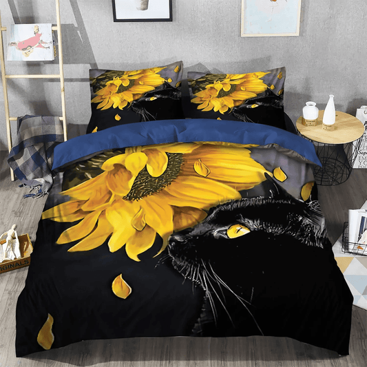 Flowers King Size Bedding Set, Black Cat Foals Soft Duvet Cover Set, Happy Black Cat Bedding set, Black Cat Sunflower Bedding Set, Gifts for Black Cat
