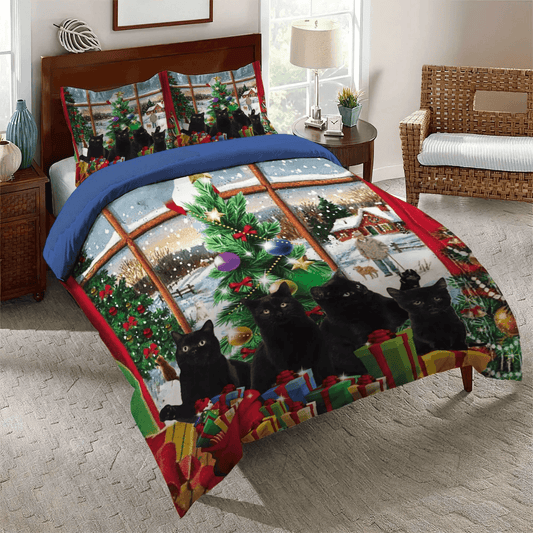 Personalized 3-piece Duvet Cover Bedding Set  Halloween Black Cat Spiral Bedding set, Happy Black Cat Queen Size Bedding Set, Black Cat Christmas Home Bedding Set, Gifts for Christmas