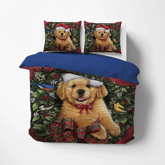 Christmas Queen Size Bedding Set, Golden Retrieve Mom Soft Duvet Cover Set, Golden Retriever Christmas Wreath Bedding Set, Gifts for Christmas