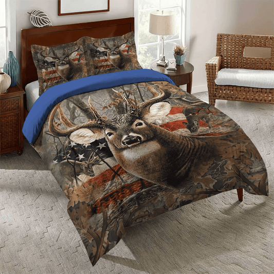 Funny Hunting King Size Bedding Set, American Flag Deer Hunting Soft Duvet Cover Set, Hunting Forest Bedding Set, Gifts for Forest
