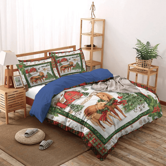 Horse Soft Duvet Cover Set, Colorful Horse Bedding set, Christmas King Size Bedding Set, Horse Christmas Bedding Set, Gifts for Horse
