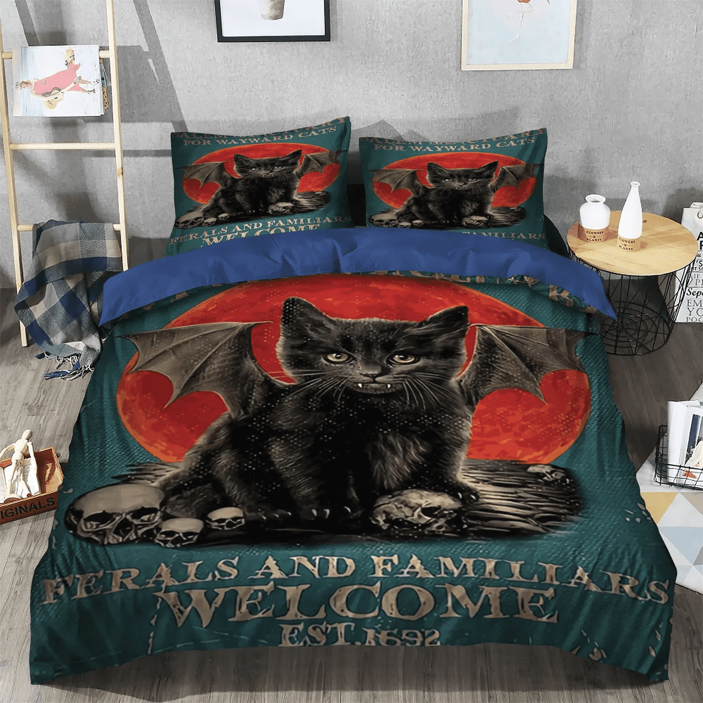 Personalized 3-piece Duvet Cover Bedding Set Halloween Black Cat Spiral King Size Bedding Set, Black Cat Nsn Transparent Bedding set, Black Cat Bedding Set, Gifts for Black Cat