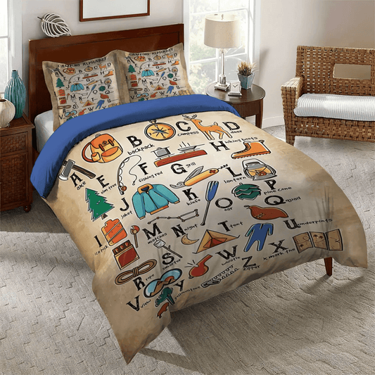 Alphabet Letter King Size Bedding Set, Family Camping Bedding set, Alphabet Soft Duvet Cover Set, Camping Alphabet Bedding Set, Gifts for Alphabet