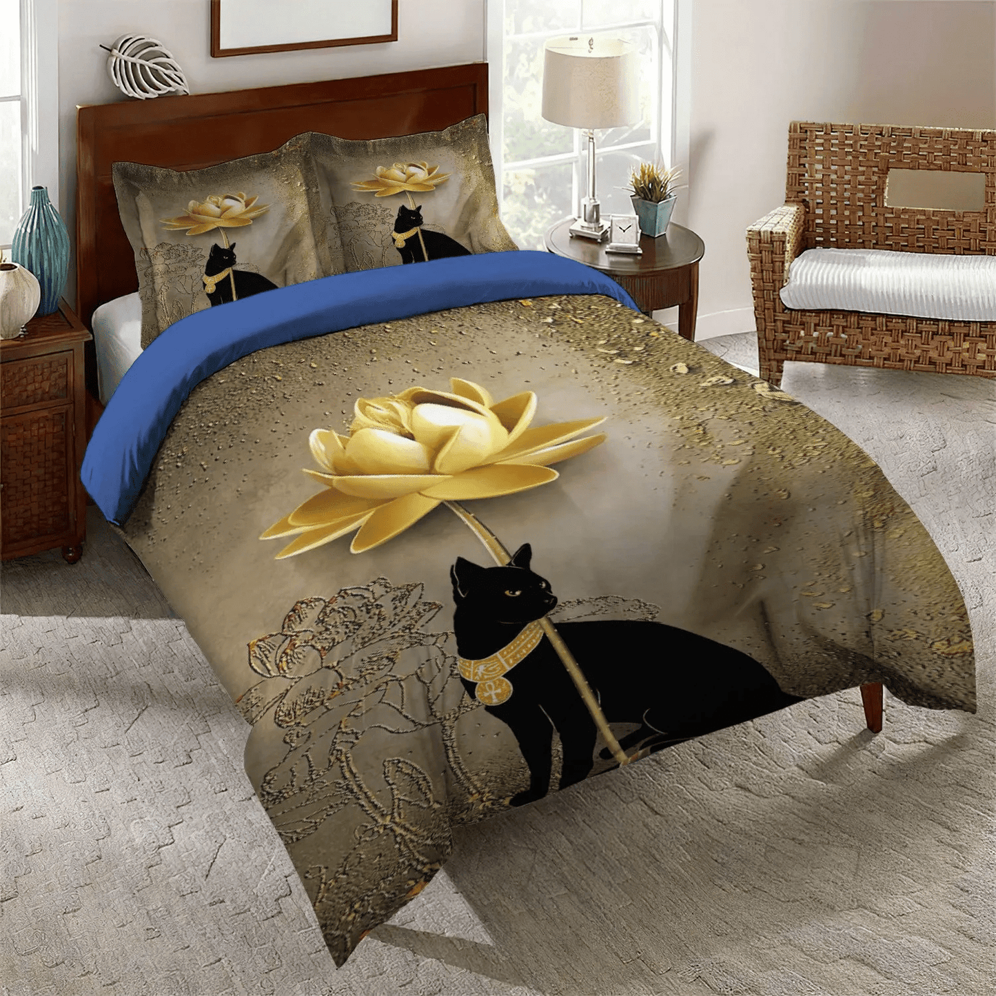 Happy Black Cat Soft Duvet Cover Set, Halloween Black Cat Spiral Bedding set, Black Cat Mix Lotus Bedding Set, Gifts for Black Cat