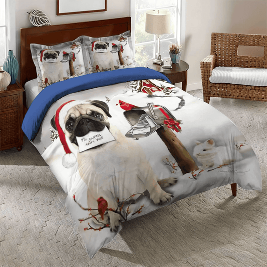 Cute Pug Soft Duvet Cover Set, Funny Pug Dog Queen Size Bedding Set, Pug And Christmas Cards Bedding Set, Gifts for Christmas