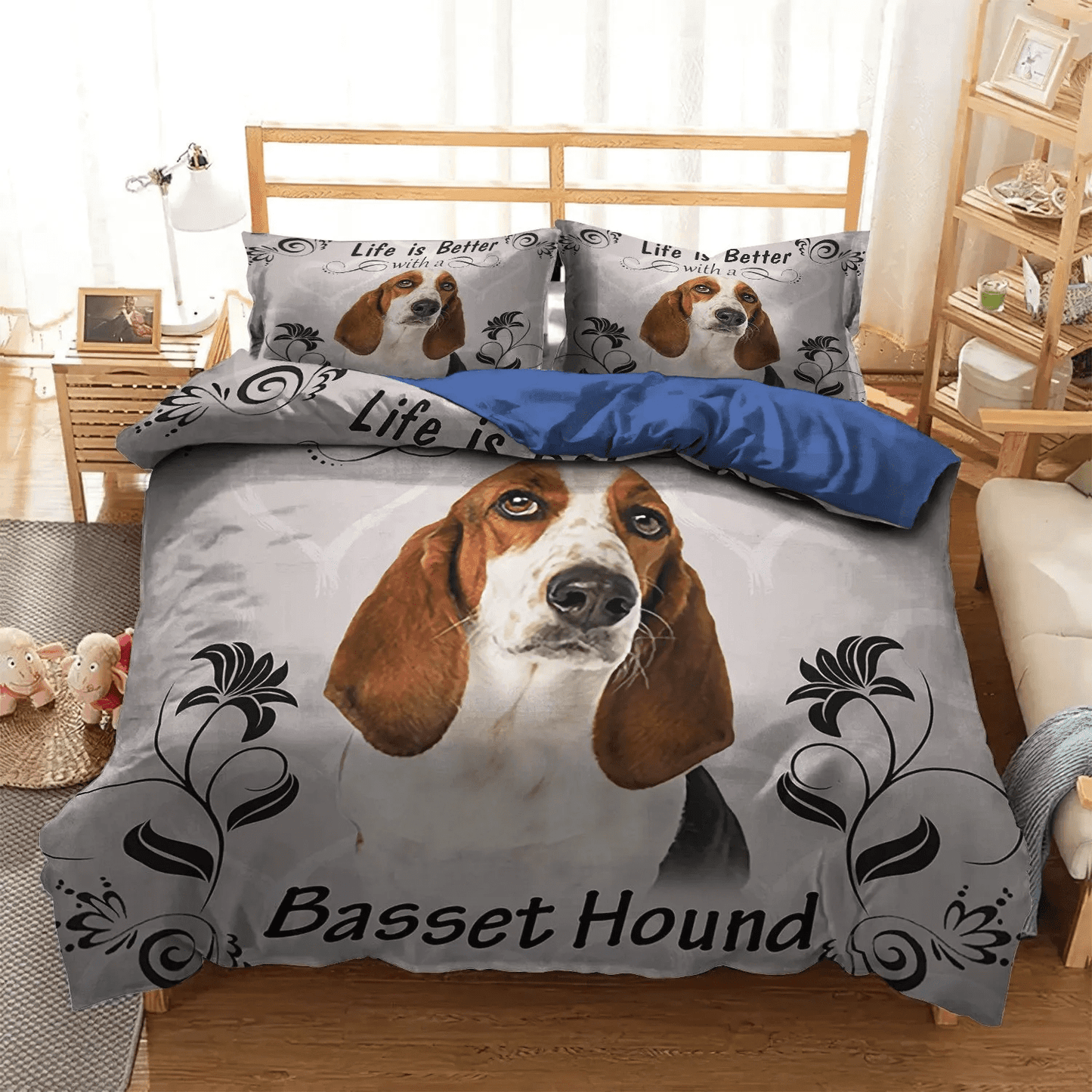 Basset Hound Lover Soft Soft Duvet Cover Set, Dog Basset Hound White King Size Bedding Set, Basset Hound Bedding Set, Gifts for Basset Hound