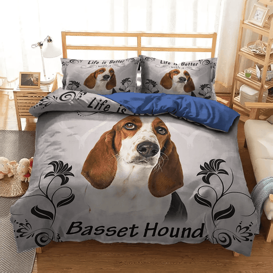Basset Hound Lover Soft Soft Duvet Cover Set, Dog Basset Hound White King Size Bedding Set, Basset Hound Bedding Set, Gifts for Basset Hound
