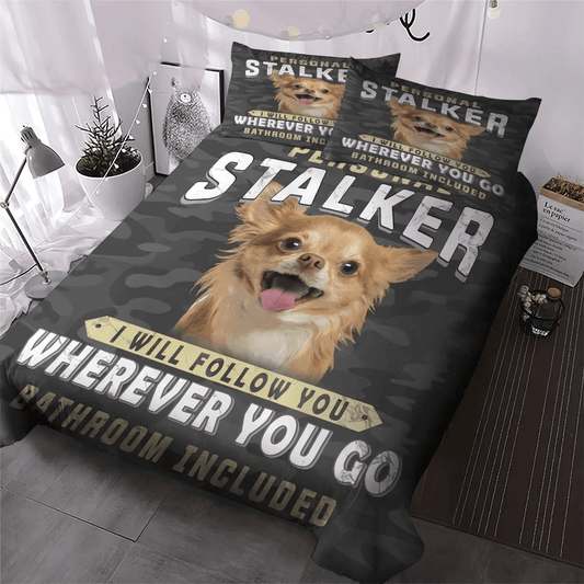 Cute Sleeping Chibi Dog Soft Duvet Cover Set, Chihuahua Stalker Queen Size Bedding Set, Chihuahua Dog Bedding Set, Gifts for Chihuahua