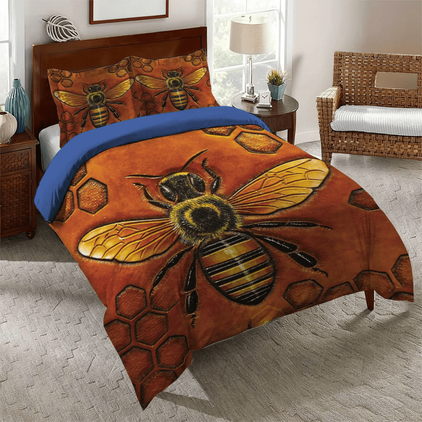 Bee Soft Duvet Cover Set, Dark Brown Dog Bedding set, Bumble Bee King Size Bedding Set, Bee Brown Bedding Set, Gifts for Brown