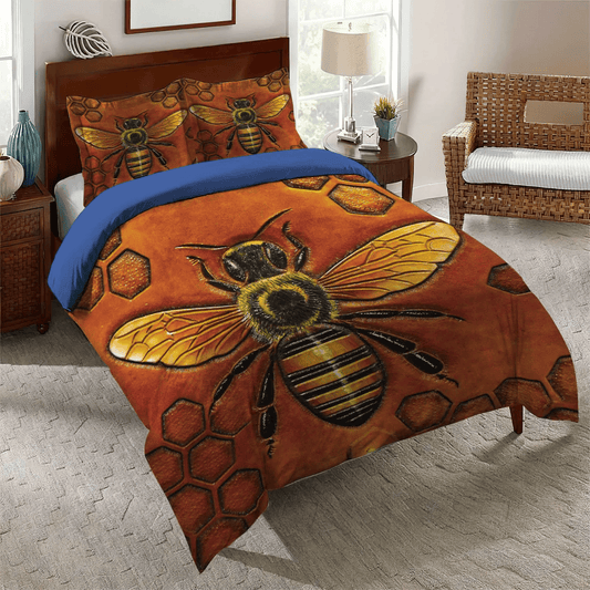 Bee Soft Duvet Cover Set, Dark Brown Dog Bedding set, Bumble Bee King Size Bedding Set, Bee Brown Bedding Set, Gifts for Brown
