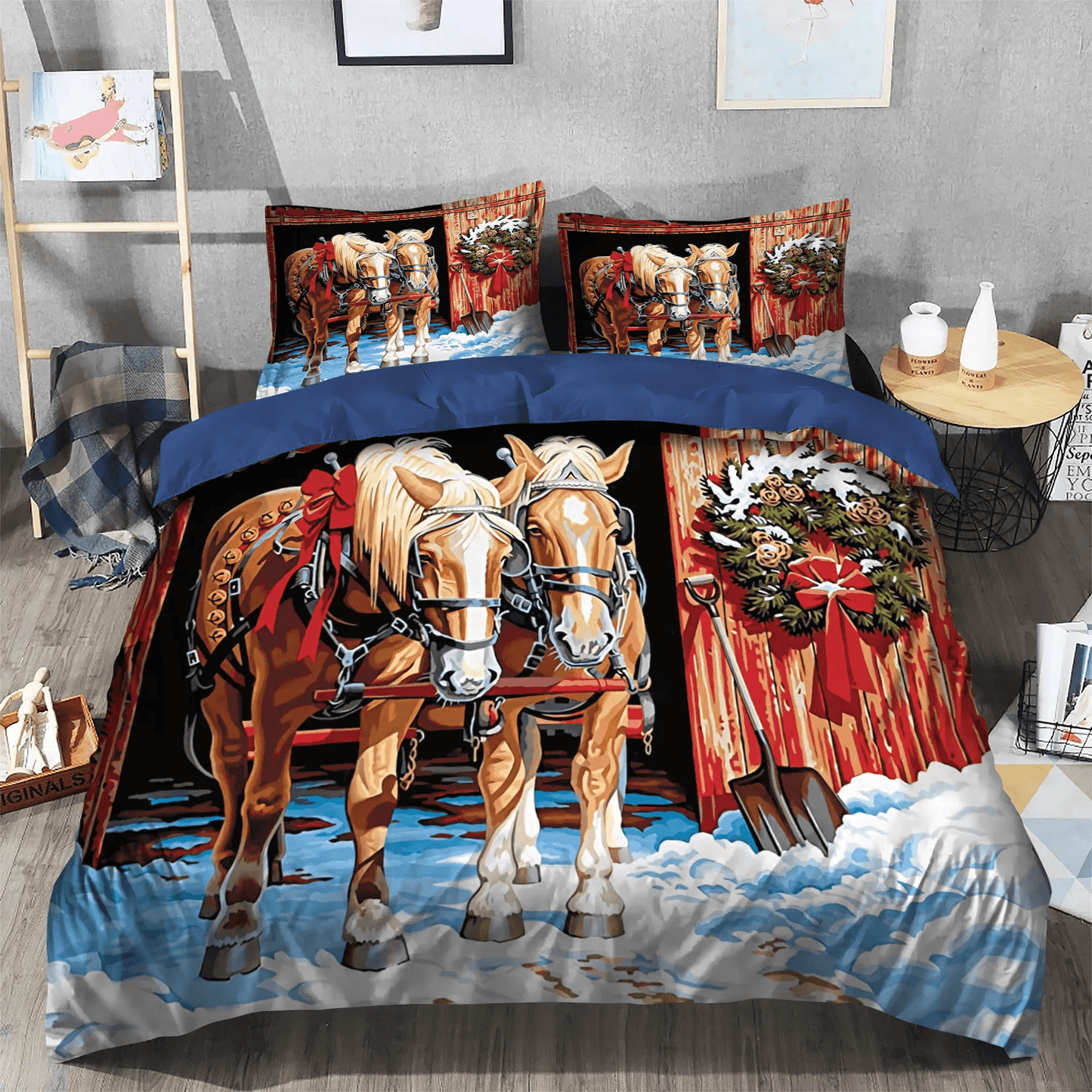 Personalized 3-piece Duvet Cover Bedding Set Spillage Village Bedding set, Christmas Tree King Size Bedding Set, Horse Christmas Horse Village Bedding Set, Gifts for Christmas