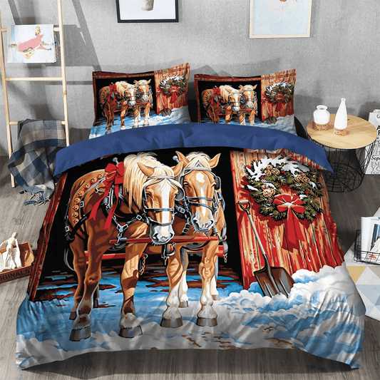 Personalized 3-piece Duvet Cover Bedding Set Spillage Village Bedding set, Christmas Tree King Size Bedding Set, Horse Christmas Horse Village Bedding Set, Gifts for Christmas