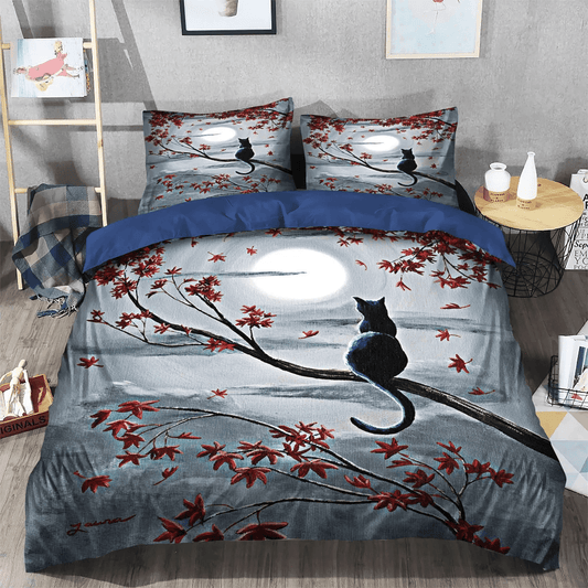 Black Cat Queen Size Bedding Set, Black Cat Nsn Transparent Soft Duvet Cover Set, Black Cat In Silvery Moonlight Bedding Set, Gifts for Black Cat