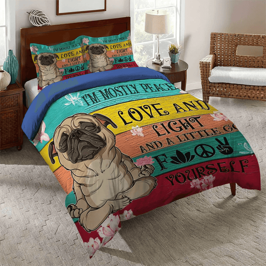 Funny Pug Dog Queen Size Bedding Set, Pug Lover Soft Duvet Cover Set, Bohemian King Size Bedding Set, Pug Hippie Bedding Set, Gifts for Pug