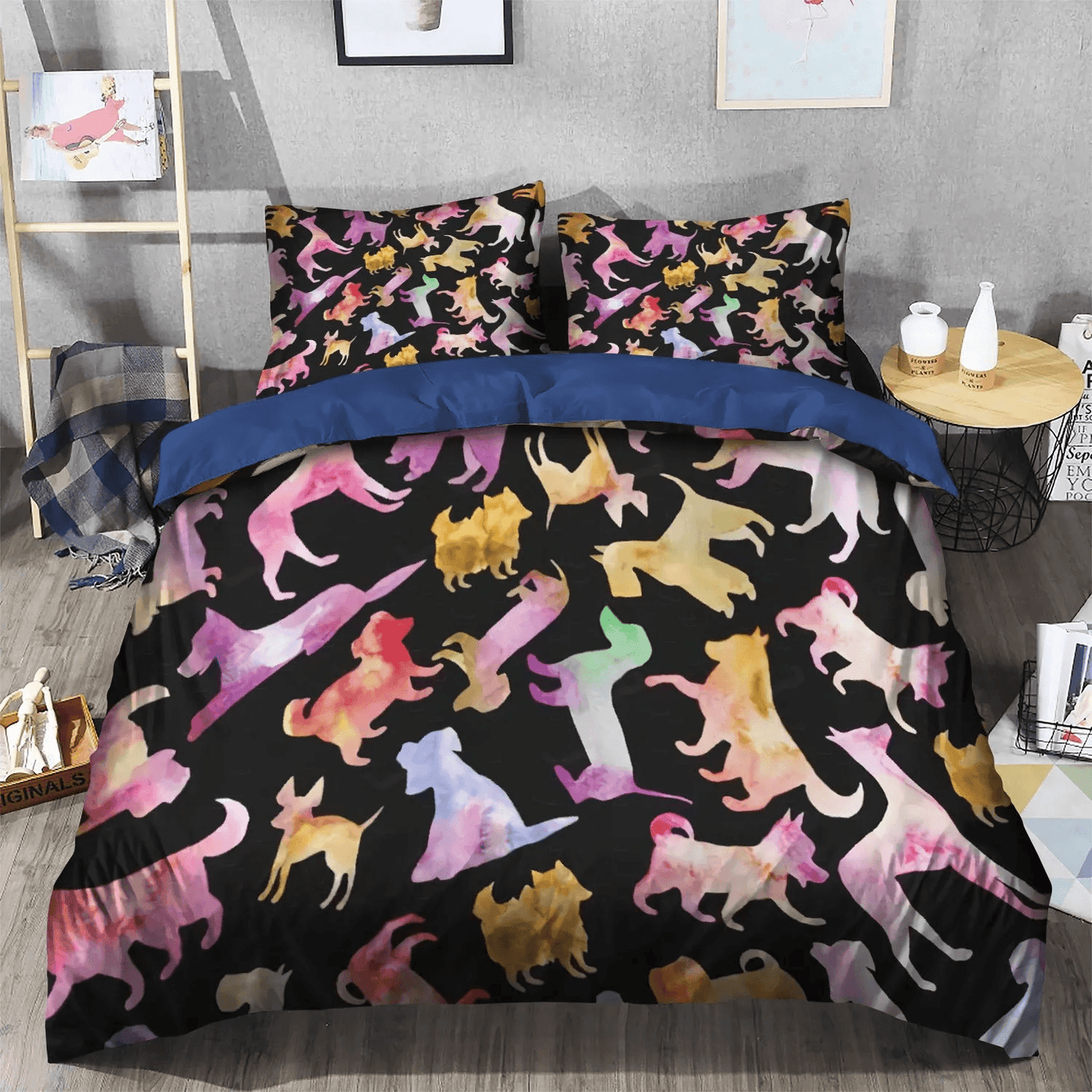 Cute Sleeping Chibi Dog Bedding set, Dog Soft Duvet Cover Set, Doggo King Size Bedding Set, Dog Silhouettes Bedding Set, Gifts for Silhouette