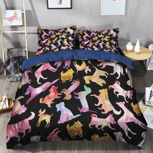 Cute Sleeping Chibi Dog Bedding set, Dog Soft Duvet Cover Set, Doggo King Size Bedding Set, Dog Silhouettes Bedding Set, Gifts for Silhouette