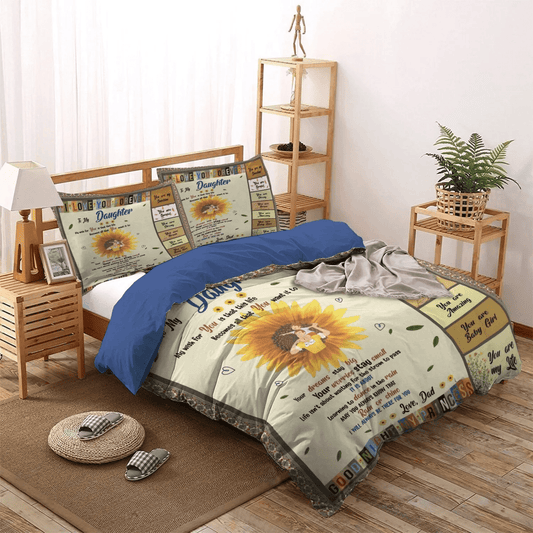Personalized 3-piece Duvet Cover Bedding Set  Giraffes Make My Daughter Happy Queen Size Bedding Set, Parenting Bedding set, To My Daughter Dad Sunflower Bedding Set, Gifts for Sunflower