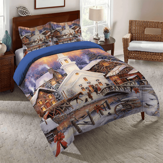 Personalized 3-piece Duvet Cover Bedding Set Christmas King Size Bedding Set, Horse Queen Size Bedding Set, Christmas Farm Horse And Birds Bedding Set, Gifts for Christmas