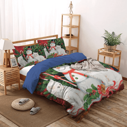 Christmas Soft Duvet Cover Set, Cat Bedding set, Snowman King Size Bedding Set, Cat And Snowman DKN Bedding Set, Gifts for Snowman