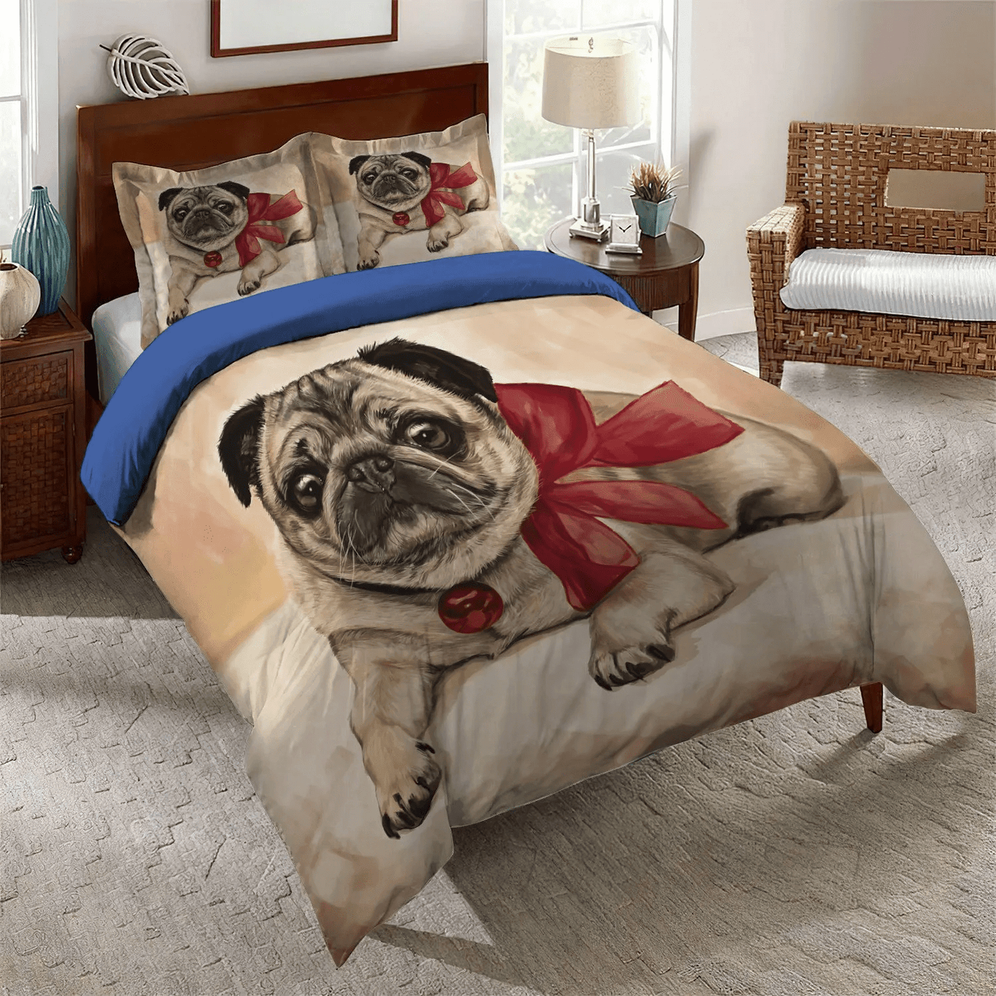 Cute Sleeping Chibi Dog Queen Size Bedding Set, Pug Lover Soft Duvet Cover Set, Pug Dog Bedding Set, Gifts for Dog