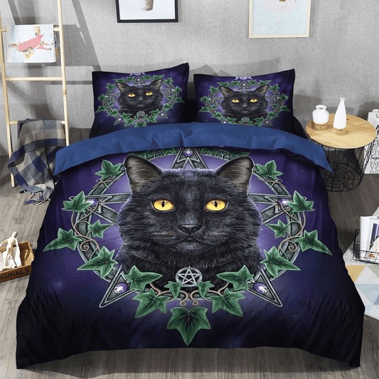 Halloween Black Cat Spiral Bedding set, Happy Black Cat Soft Duvet Cover Set, Black Cat Bedding Set, Gifts for Black Cat