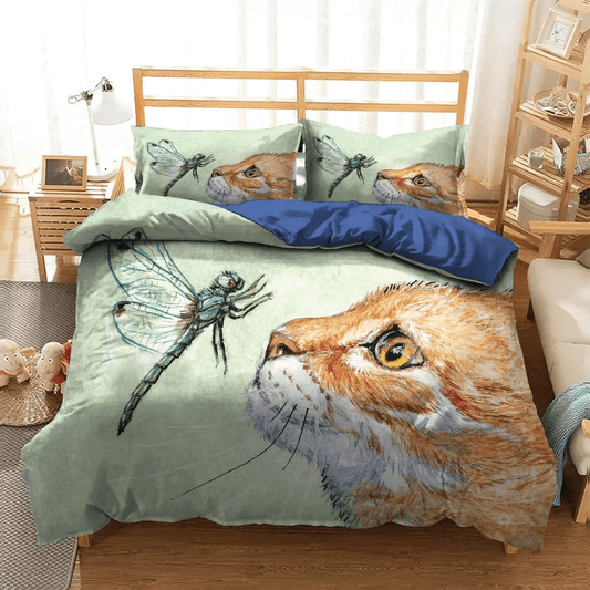 Personalized 3-piece Duvet Cover Bedding Set  Cat Paw Queen Size Bedding Set, Dragonfly Bedding set, Cat Tracks King Size Bedding Set, Dragonfly Plaing With Cat Bedding Set, Gifts for Dragonfly