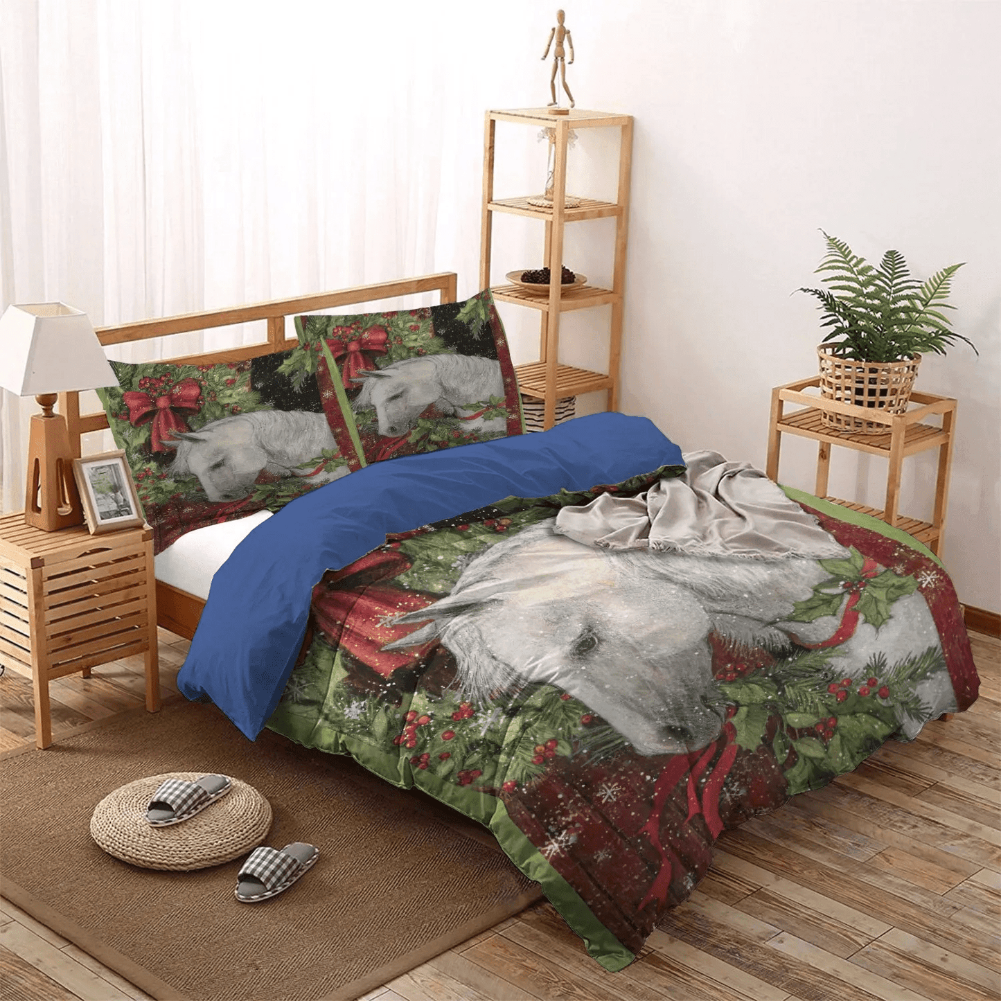 Personalized 3-piece Duvet Cover Bedding Set  Merry Christmas Quotes Queen Size Bedding Set, Horse Running Bedding set, Horse Christmas Bedding Set, Gifts for Christmas