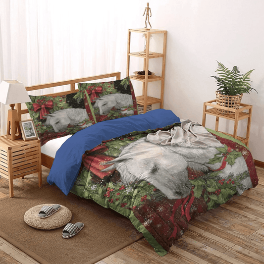 Personalized 3-piece Duvet Cover Bedding Set  Merry Christmas Quotes Queen Size Bedding Set, Horse Running Bedding set, Horse Christmas Bedding Set, Gifts for Christmas