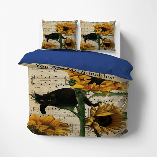 Personalized 3-piece Duvet Cover Bedding Set  Music Maker Queen Size Bedding Set, Music Producer Bedding set, Black Cat Music And Sunflower Bedding Set, Gifts for Sunflower